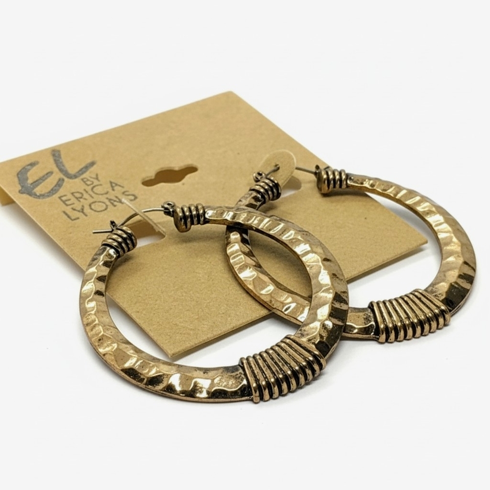 Erica Lyons Antique Gold Hammered Hoop Earrings, Wire Wrapped Boho Style, New